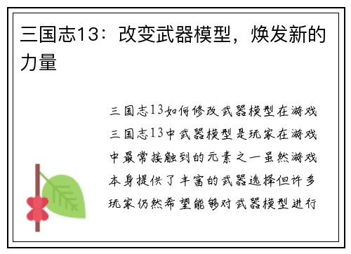 三国志13：改变武器模型，焕发新的力量